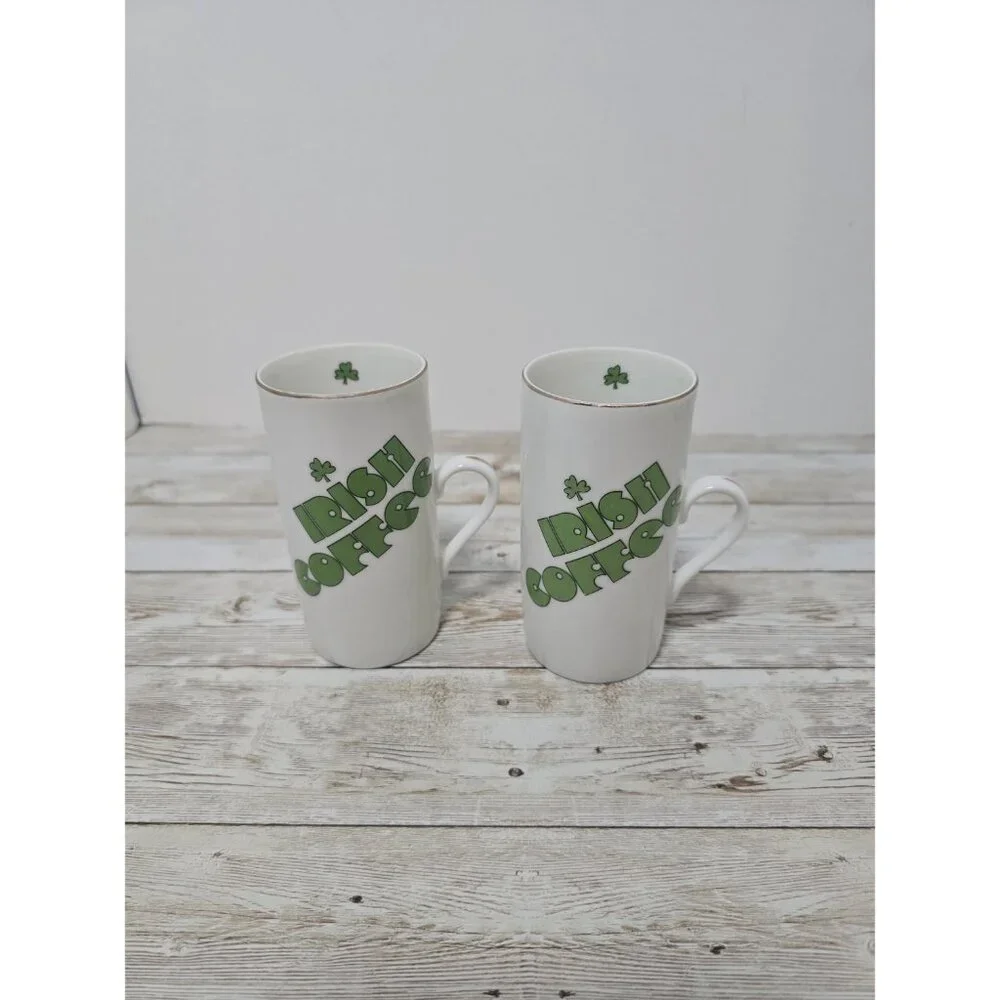 Set of two vintage Irish Coffee mugs with shamrock details and recipe‎